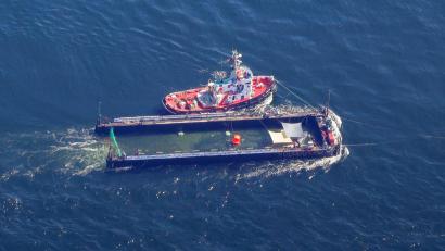Bild: Christoph Reichwein/dpa
Der Buckelwal wurde in seiner Barge vom Schlepper Fortuna B entlang der dänischen Küste in Höhe unterhalb von Skagen, im sogenannten Skagerrak, durch die Ostsee gezogen. (Archivbild)