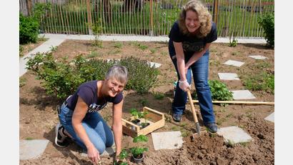 Bild: Robert Dotzauer
Kräuterpädagogin Sabine Maier (li) und Anneliese Weber bei den letzten Pflanzarbeiten vor der offiziellen Eröffnung des neuen Kräutergartens in Oberbibrach.