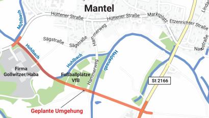 Grafik: Laura Fröhler
Die geplante Ortsumgehung zweigt an einem neuen Kreisverkehr von der Hüttener Straße ab, führt durch die Haidenaab-Aue an den Plätzen des VfB Mantel vorbei, überquert zwei neue Brücken und mündet dann in die Staatsstraße 2166.
