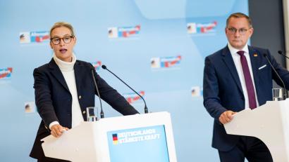 Bild: Fabian Sommer/dpa
Alice Weidel und Tino Chrupalla dürften Anfang Juli beim Parteitag der AfD in Erfurt als Führungsduo bestätigt werden. (Archivbild)