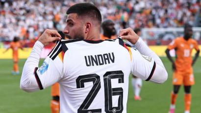 Bild: Jan Woitas/dpa
Deniz Undav von Deutschland bejubelt sein Tor zum 2:1 gegen die Elfenbeinküste.