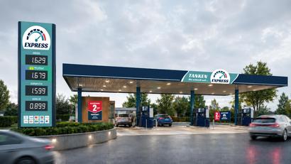 Bild: Visualisierung - Oktan
So wird die moderne Express-Tankstelle beim Kaufland nach Abschluss der Umbauarbeiten künftig aussehen.