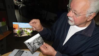 Bild: ui
Ludwig Fritsch zeigt ein von Alfred Spachtholz mit Hilfe von KI erzeugtes Bild, wie der Neustädter Stadtplatz mit Bäumen in großen Pflanzkübeln aussehen könnte sowie eine historische Aufnahme.