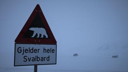 Bild: Steffen Trumpf/dpa
Ein Schild warnt auf Spitzbergen vor Eisbären. (Symbolbild)