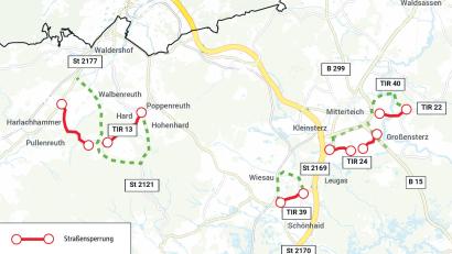 Bild: Franka Eichl/Quelle: Landratsamt Tirschenreuth
Die Karte zeigt die vier Kreisstraßen, die im Landkreis Tirschenreuth gesperrt werden und wie die Umleitungen verlaufen sollen.