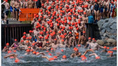 Bild: Stefan Sauer/dpa
Mit Schwung ins kühle Nass - die Teilnehmer starten zum Internationalen Sundschwimmen im Hafen von Parow bei Stralsund.