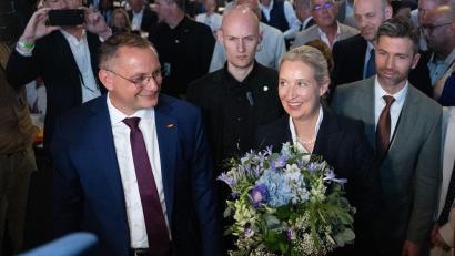 Bild: Sebastian Kahnert/dpa
Für Alice Weidel lief die Wiederwahl zur Bundesvorsitzenden etwas besser als für den Co-Vorsitzenden, Tino Chrupalla.