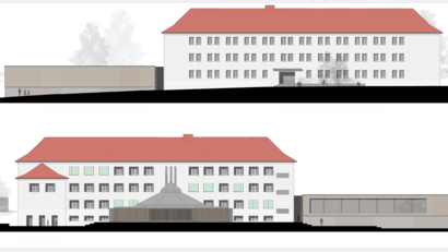 Grafik: Stadt Waldsassen/Diezinger-Architekten
Die Ansichten der Markgraf-Diepold-Grundschule von der Schulstraße aus (oben) und die Rückseite des Schulgebäudes (unten). An der Fassade in leichtem Grünton erkennbar die Klappläden für den Sonnenschutz, die bei Bedarf vor die Fenster geschoben werden können.