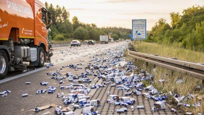 Bild: Schulz/SDMG/dpa
Mit Red Bull Dosen übersät ist die Autobahn 8 zwischen Heimsheim und Pforzheim-Süd, nachdem ein Lkw seine Ladung verloren hat.
