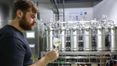 Bild: Daniel Löb/dpa
Kilian Scheuring tastet sich an alkoholfreien Wein heran. (Archivbild)