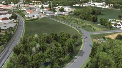 Bild: Staatliches Bauamt Amberg-Sulzbach
Im neuen Infopoint sind auch Visualisierungen der neuen Bundesstraße (links) zu sehen. Rechts ein Gestaltungsentwurf der künftigen Ortsstraße. Sie verläuft von der Schützenstraße über die ehemalige Tonscherbendeponie und schließt an die Baumeister-Engel-Straße an. Vorgesehen ist auch eine Anbindung zur Jakob-Steinfels-Straße (rechts).
