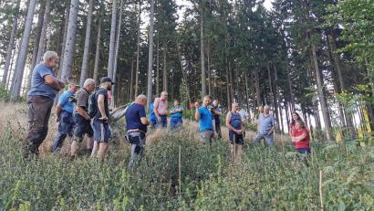 Bild: Gertraud Portner
Revierförster Michael Forster (Mitte, blaues Shirt) informierte im Stadtwald Schönsee über die Anpflanzung von Douglasien (bei Markierungsstäben) als klimastabile Baumart. Fichtenwälder (Hintergrund) kommen bei anhaltender Hitze und Trockenheit zunehmend an ihre Grenzen.
