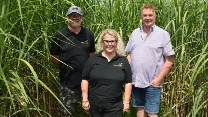Bild: jr
Elke Gültner mit ihrem Partner Roland (rechts) und dessen Bruder Michael Schaumberger in einem Miscanthus-Feld.