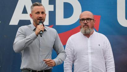 Bild: Jan Woitas/dpa
AfD-Spitzenkandidat Ulrich Siegmund und Vize-Fraktionschef Hans-Thomas Tillschneider (Archivbild)