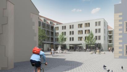 Bildmontage: evh_architekten
So soll es irgendwann einmal auf dem Bürgerspitalareal aussehen. Das Architekturbüro "evh_architekten" hat die Planungen bei dieser Ansicht visualisiert. Bei der Gestaltung des neuen Bürgerspitalplatzes (im Vordergrund) ist die Meinung der Bürgerinnen und Bürger gefragt.