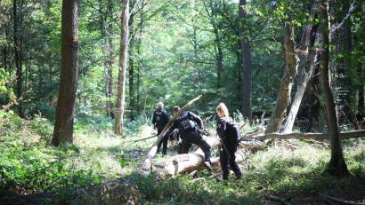 Bild: Christoph Reichwein/dpa
Die Polizei sucht mitten im Wald nach dem Verdächtigen.