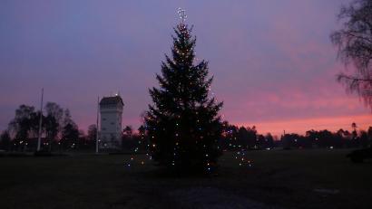 Bild: mor
Weihnachtsbaum in den Towerbarracks im Morgenrot vor dem Wasserturm.
