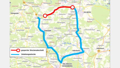 Bild: Staatliches Bauamt Amberg-Sulzbach
Umleitungsstrecke für die Vollsperrung der St2166 zwischen Mönlas und Vilseck