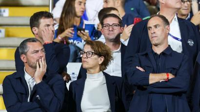 Bild: Jan Woitas/dpa
Die Leipziger Entscheider: Sportchef Marcel Schäfer (l), CEO Tatjana Haenni und Aufsichtsratschef Oliver Mintzlaff.