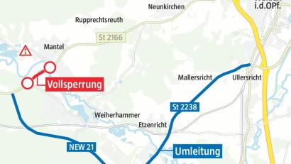 Grafik: Marina Gube/Quelle: Staatliches Bauamt
Die Staatsstraße 2166 wird zwischen der Abzweigung nach Weiherhammer und Mantel ab Dienstag, 22. September, gesperrt. Der Verkehr zwischen Freihung und Weiden wird über die Kreisstraße NEW 21 und die Staatsstraße 2238 über Etzenricht umgeleitet.