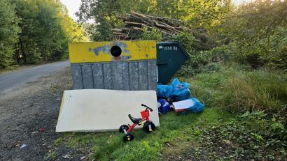 Bild: Udo Lanz
Eine alte Matratze, Elektrogeräte, ein Dreirad, Schuhe und jede Menge Kleidung haben Unbekannte in diesen Tagen am Containerplatz in Steinmühle abgelagert.