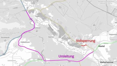 Grafik: Staatliches Bauamt Amberg-Sulzbach
Diesen Umleitungsplan für die letzte Bauphase der Ortsumgehung Mantel veröffentlicht das Staatliche Bauamt.