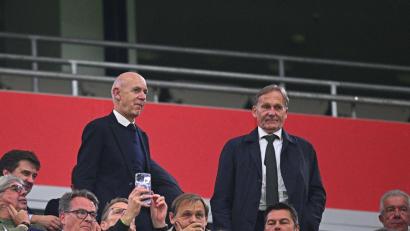 Bild: Tom Weller/dpa
Bernd Neuendorf und Hans-Joachim Watzke (r) sprechen sich gegen Gianni Infantino aus. (Archivbild)
