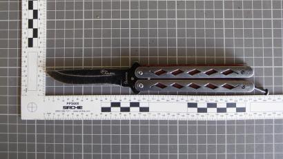 Symbolbild: Bundespolizei
Die Beamten entdeckten das Butterflymesser in der Seitenablage.