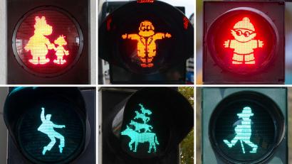 Bild: dpa
Deutschlandweit werben Städte an Ampeln mit ihren Maskottchen. (Archivbild)