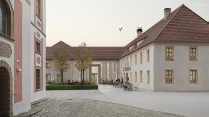 Grafik:  Architekten Brückner &amp; Brückner 
Die Visualisierung zeigt die Ostseite des geplanten Wissenschaftszentrums zwischen Klosterkirche und Klostergasthof.