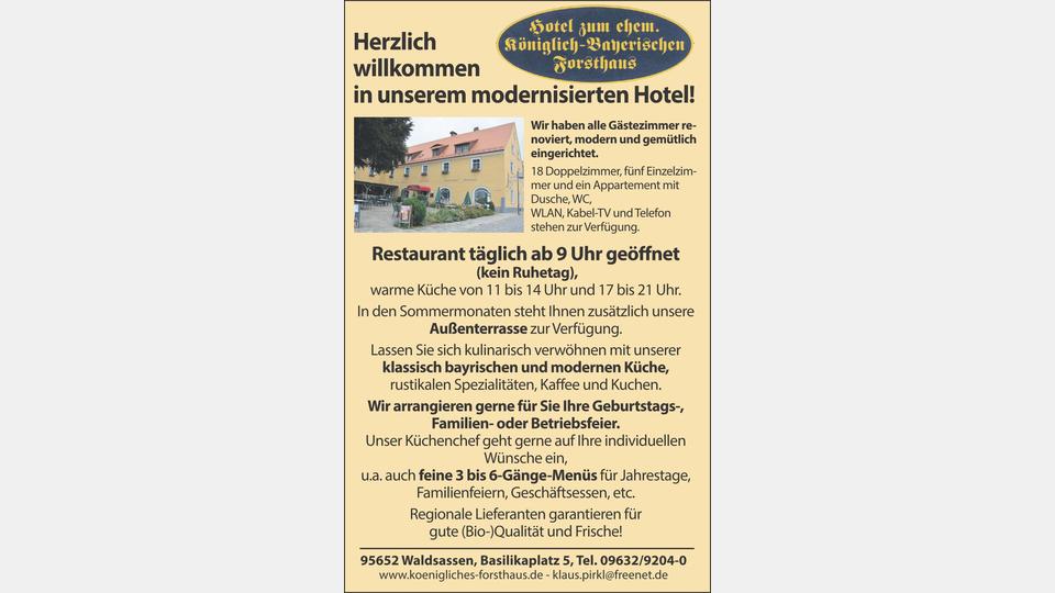 Das Hotel zum ehem. Königlich-Bayerischen Forsthaus hat viel zu bieten: Oberpfälzer Gastlichkeit in rustikalem Ambiente,
regionale Küche, eine herrliche Café-Terrasse mit direktem Blick zur Basilika und
gemütlich eingerichtete Wohlfühlzimmer. Bild: jr