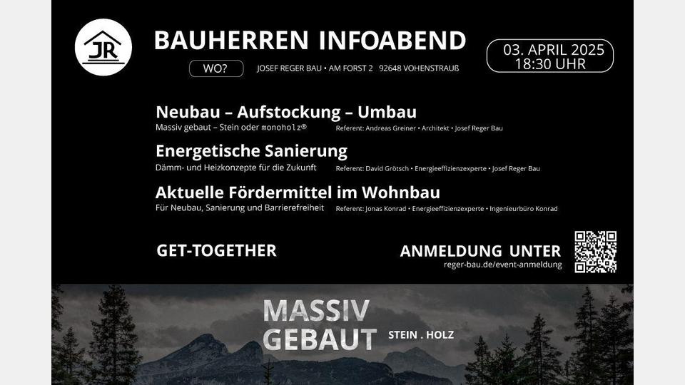 Bauherren-Infoabend am 3. April um 18.30 Uhr bei Josef Reger Bau, Am Forst 2 in Vohenstrauß. Bild: Josef Reger Bau
