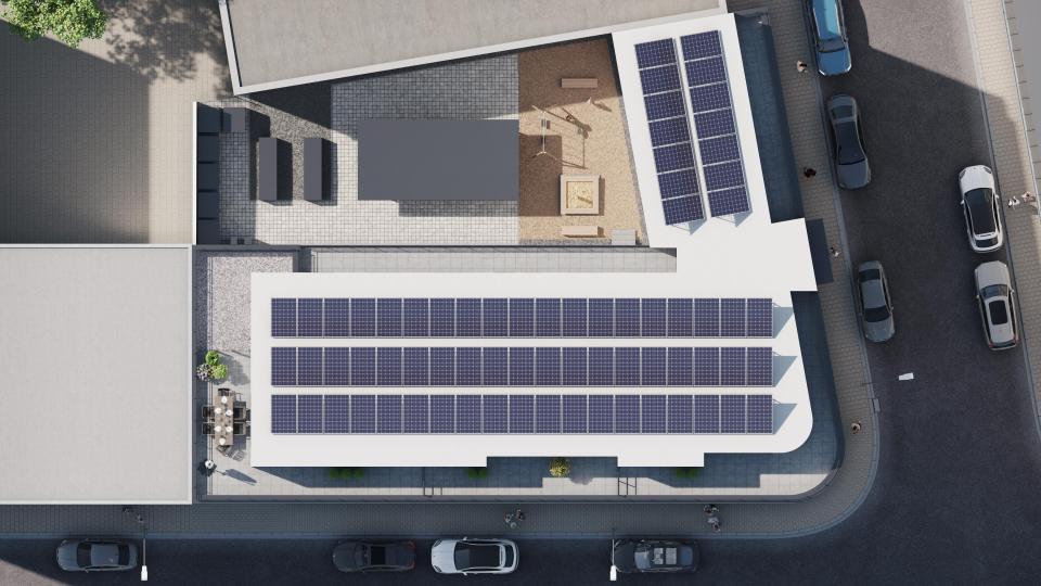 Die Zukunft des Wohnens aus der Vogelperspektive: Das herzog1 entsteht mit Photovoltaikanlage und Luft-Wärme-Pumpen. Bild: PAG Planungsgesellschaft mbH