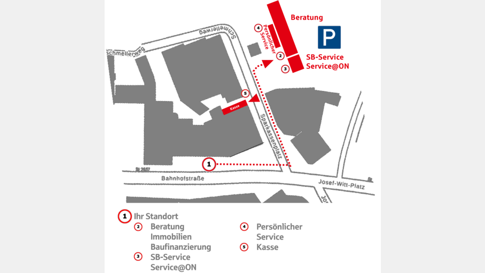 Damit Kunden während der Bauphase nicht auf den gewohnten Service verzichten müssen, sind wir nur wenige Schritte vom Regionalcenter entfernt: Auf dem Parkplatz der Sparkasse, am Schmellerweg, stehen der SB-Bereich. der digitale Bankschalter Service@ON und der persönlich besetzte Service bereit. Bild: Sparkasse Oberpfalz Nord