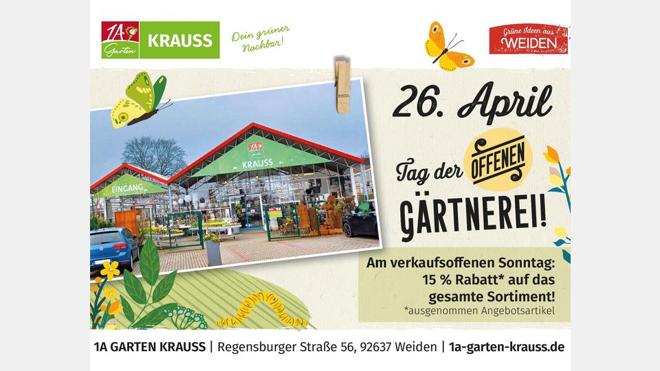 1A Garten Krauss hat am verkaufsoffenen Sonntag, 16. April 2026, von 10 bis 17 Uhr geöffnet. Grafik: 1A Garten Krauss