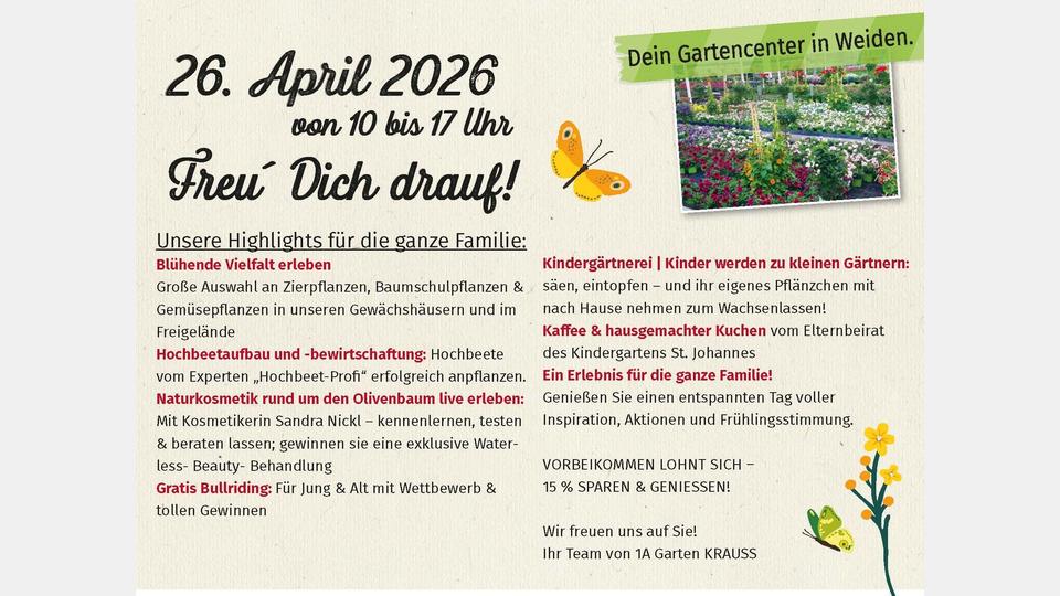 1A Garten Krauss hat am verkaufsoffenen Sonntag, 16. April 2026, von 10 bis 17 Uhr geöffnet. Grafik: 1A Garten Krauss