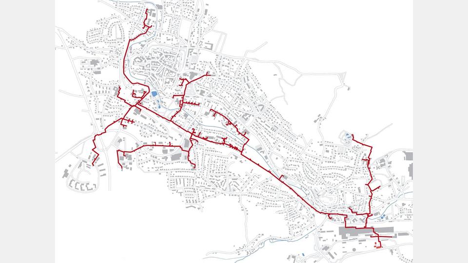 Danpowers Fernwärmenetz in Sulzbach-Rosenberg. Ob ein Anschluss für das eigene Grundstück möglich ist, hängt vom Standort ab und kann individuell geprüft werden. Bild: exb/Danpower