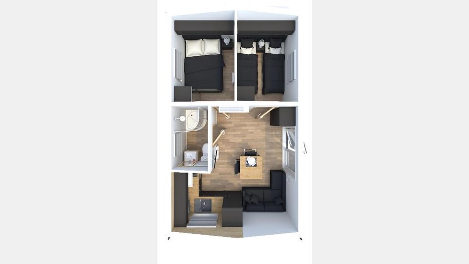 Blick auf das Innere eines Tinyhauses: Beispiel-Grundriss des Naab Chalets. Bild: exb