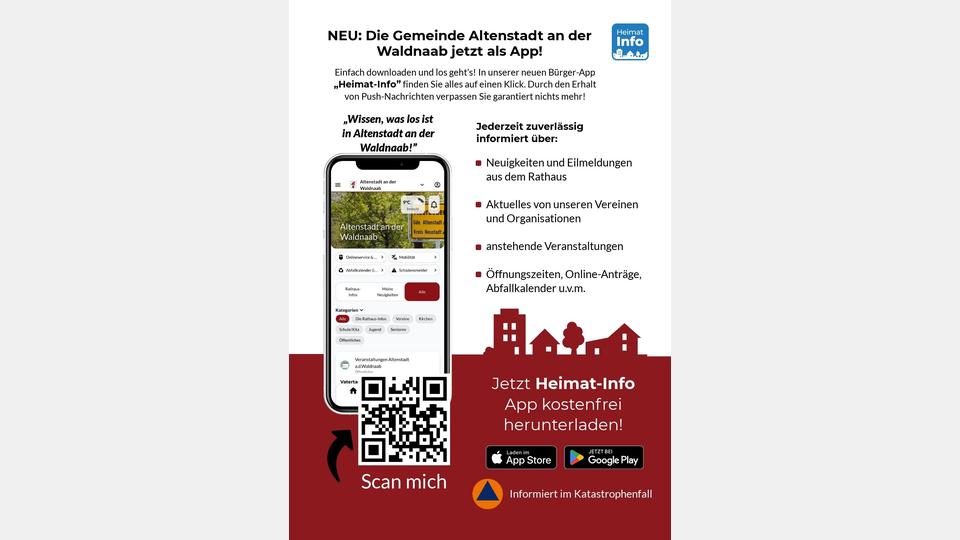 Mit der kostenfreien Heimat-Info App haben Bürgerinnen und Bürger von Altenstadt an der Waldnaab alle wichtigen Informationen ihrer Gemeinde jederzeit griffbereit – direkt auf dem Smartphone. Bild: Altenstadt an der Waldnaab