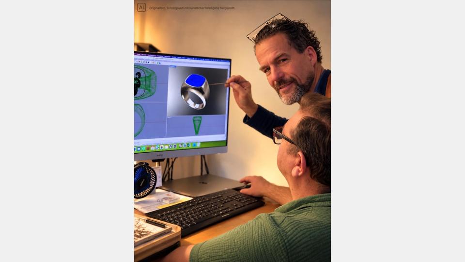 Sebastian von der Recke bespricht mit seinem Mitarbeiter, 3D-Konstrukteur Peter Wawersig, die Visualisierung eines Schmuckstücks. Bild: mia/AI-optimiert